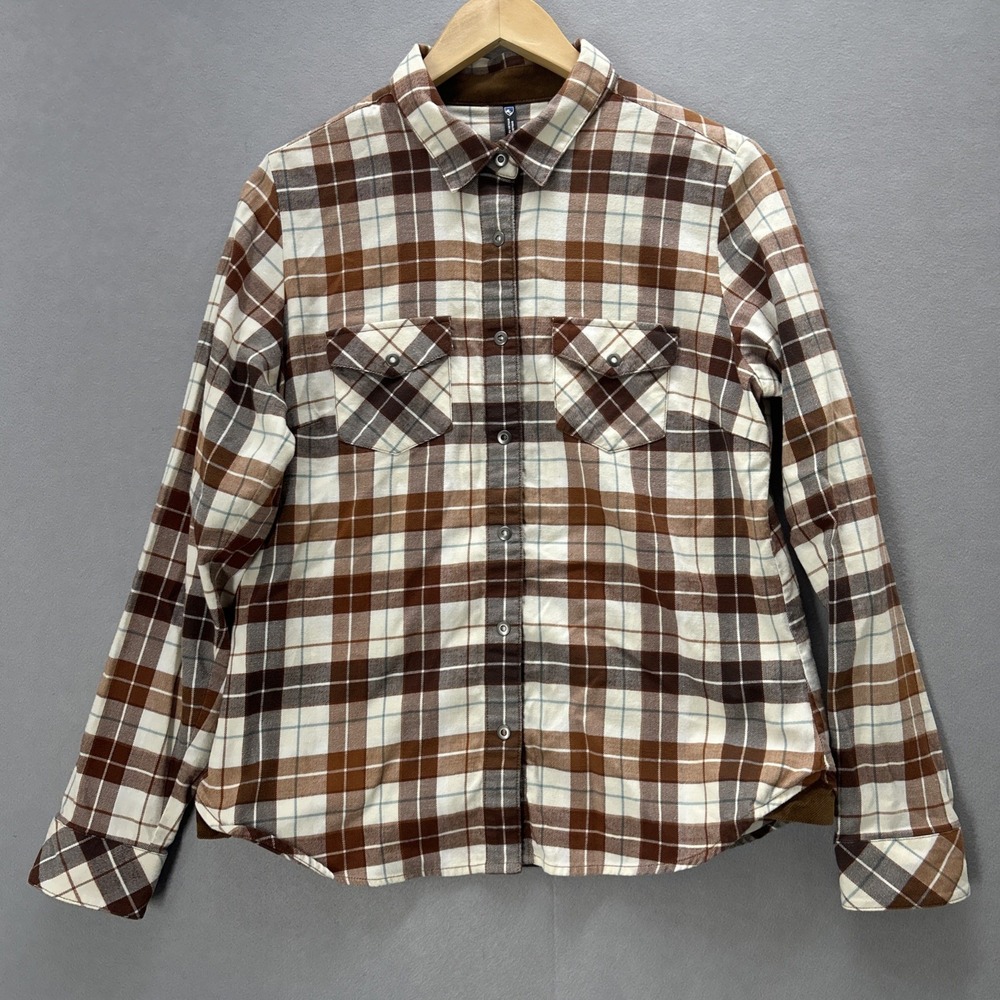 Kuhl Tess Women's Medium Brown Plaid Flannel Flip Cuffs Snap Plaid Corduroy 8457